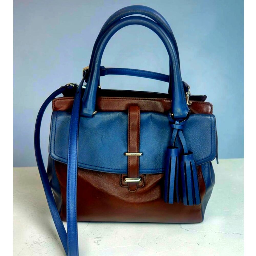 Coach Navy Blue & Brown Leather Two-Way Satchel | Silver Hardware | Dust Bag